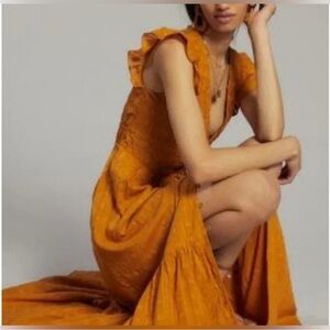 Anthropologie Burnt Orange Ruffle-Shoulder Maxi Dress